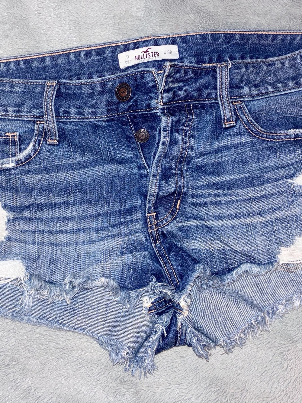 Hollister Classic Medium Blue Denim Shorts- Distressed style with Button Fly